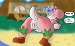  2023 anthro anus beach blush boots breasts clothing dialogue disembodied_hand female flower footwear genitals hi_res looking_back mario_bros naughty_face nintendo outside paper_mario:_the_thousand_year_door plant presenting presenting_pussy pussy seaside side_boob solo tail trippybunny yoshi 