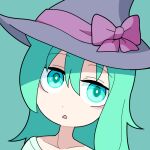  1girl blue_background blue_eyes bow commentary_request green_eyes hair_between_eyes hat hat_bow hospital_king kuroki_tomoko long_bangs open_mouth portrait purple_bow simple_background solo triangle_mouth watashi_ga_motenai_no_wa_dou_kangaetemo_omaera_ga_warui! witch witch_hat 