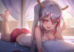  1girl absurdres ass blue_eyes breasts commission dragon_horns fang grey_hair hakusyokuto heterochromia highres horns indie_virtual_youtuber kuzuryuzaka_miko large_breasts long_hair looking_at_viewer lying on_stomach open_mouth pillow pink_eyes pink_hair skeb_commission twintails virtual_youtuber 