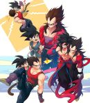  black_hair blue_eyes blue_sash blue_wristband closed_mouth dougi dragon_ball dragon_ball_gt dragon_ball_heroes gloves long_hair male_focus monkey_boy monkey_tail multiple_boys muscular muscular_male ommmyoh open_mouth pants red_fur saiyan sash smile son_goku son_goku_(xeno) spiked_hair super_saiyan super_saiyan_4 tail time_patrol_(dragon_ball) twitter_username vegeta vegeta_(xeno) yellow_pants 