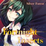  1girl album_cover black_cape black_neckerchief cape cape_lift closed_mouth collared_shirt cover english_text game_cg gleam green_eyes green_hair juliet_sleeves long_sleeves looking_at_viewer neckerchief nishimori_haruka official_art puffy_sleeves red_background shirt short_hair silver_forest smile solo touhou touhou_cannonball upper_body white_shirt wriggle_nightbug 