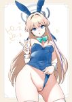  1girl animal_ears ass_visible_through_thighs blonde_hair blue_archive blue_eyes bow bowtie breasts clothing_aside detached_collar hair_between_eyes halo highres leotard leotard_aside leotard_pull long_hair medium_breasts playboy_bunny pussy rabbit_ears thighhighs toki_(blue_archive) toki_(bunny)_(blue_archive) tt_(tt_osc) v white_background white_thighhighs wrist_cuffs 