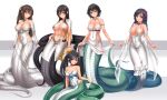  5girls bare_shoulders black_hair breasts brown_hair cleavage dress evening_gown full_body hair_ornament highres lamia large_breasts long_hair looking_at_viewer midnight_(banyex) monster_girl multiple_girls open_mouth original red_eyes scales simple_background small_breasts smile tight_clothes tight_dress white_dress 