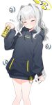  1girl absurdres blue_archive blunt_bangs cellphone closed_eyes hair_intakes halo hare_(blue_archive) highres hood hoodie knees_together_feet_apart monster_energy narita_tamezou phone ponytail sidelocks simple_background smartphone solo white_background 