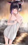  1girl absurdres animal_ears arm_behind_back black_hair blue_archive blunt_bangs blurry blurry_background breasts cat_ears closed_mouth collarbone colored_inner_hair halo highres kazusa_(blue_archive) looking_at_viewer medium_breasts multicolored_hair naked_towel onsen pink_hair rama_(yu-light8) red_eyes short_hair solo steam towel two-tone_hair wet 