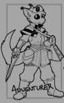  antennae_(anatomy) anthro apollo_caelum armor bag black_sclera boots clothing dagger footwear front_view gieeg girly hijackerdraws male melee_weapon shield smile solo straps tail weapon 