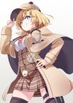  1girl absurdres black_thighhighs blonde_hair bob_cut breasts brown_coat brown_headwear brown_skirt coat deerstalker hair_ornament hat high-waist_skirt highres holding holding_magnifying_glass hololive hololive_english large_breasts looking_at_viewer magnifying_glass medium_hair miu_(angelo_whitechoc) monocle_hair_ornament necktie pleated_skirt red_necktie skirt smile solo stopwatch thigh_strap thighhighs virtual_youtuber watch watson_amelia watson_amelia_(1st_costume) 