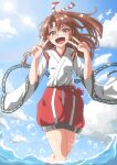  1girl absurdres blue_sky brown_eyes brown_hair cloud cowboy_shot day double_v hakama hakama_shorts high_ponytail highres japanese_clothes kantai_collection long_hair looking_at_viewer open_mouth outdoors red_shorts shorts sky smile solo sosorin v wading wide_sleeves zuihou_(kancolle) 