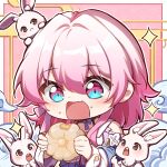  1girl black_choker blue_eyes blue_jacket chibi chinese_commentary choker commentary_request dress_shirt earrings food food_on_face highres holding holding_food honkai:_star_rail honkai_(series) jacket jewelry long_sleeves march_7th_(honkai:_star_rail) medium_hair mid-autumn_festival pink_eyes pink_hair rabbit second-party_source shirt single_earring solo tied_jacket two-tone_eyes upper_body white_shirt xzz151513 