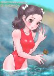  1girl black_hair bow breasts brown_eyes collarbone commentary_request commission competition_swimsuit cowboy_shot crab dated hair_bow highleg highleg_swimsuit highres kamen_rider kamen_rider_stronger_(series) lips long_hair misaki_yuriko munyako navel one-piece_swimsuit pixiv_commission red_one-piece_swimsuit rock small_breasts solo swimsuit twintails twitter_username wading water white_bow 