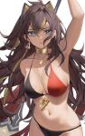 1girl animal_ears arm_behind_back arm_up bikini black_hair blonde_hair blue_eyes breasts bright_pupils closed_mouth commentary crossed_bangs dark-skinned_female dark_skin dehya_(genshin_impact) earrings genshin_impact gold gold_choker hair_between_eyes hair_ears halterneck highres holding holding_polearm holding_weapon jewelry large_breasts long_hair looking_at_viewer multicolored_hair multiple_necklaces navel neck_ring necklace polearm raiya_atelier sideboob simple_background single_earring slit_pupils solo stomach streaked_hair string_bikini swimsuit tan two-tone_bikini very_long_hair wavy_hair weapon white_background 