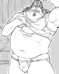  2023 asian_clothing balls_outline biped bulge clothing east_asian_clothing eyes_closed fish-men_(one_piece) fundoshi genital_outline ginnan_0510 hi_res humanoid_hands japanese_clothing jinbe kemono male marine musclegut one_piece overweight overweight_male shirt solo topwear underwear 