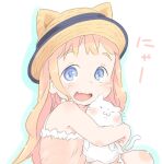  1girl :d animal_hug bare_shoulders blonde_hair blue_eyes camisole cat character_request copyright_request fang ham_(points) hat long_hair looking_at_viewer open_mouth pink_camisole simple_background smile solo straw_hat tareme white_background white_cat 