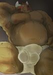  2023 anthro araiguma_11 belly big_belly blush bodily_fluids bovid bovine brown_body bulge cattle clothing kemono male mammal moobs musclegut navel nipples overweight overweight_male sitting solo sweat underwear 