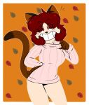  2019 4_fingers anthro autumn autumn_leaves bangs bar_emanata bean_mouth black_ears black_emanata black_markings black_nose border bottomless bottomless_anthro bottomless_female breasts brown_inner_ear brown_markings brown_tail cat_tail cheek_tuft clothed clothing collar collar_pull colored contrapposto digital_drawing_(artwork) digital_media_(artwork) dipstick_tail domestic_cat eye_through_hair eyebrow_through_hair eyebrows eyelashes eyelashes_through_hair facial_tuft felid feline felis female fingers fur gloves_(marking) hair hand_on_hip happy hi_res hip_tuft kabula_(artist) leaf leaf_background long_tail looking_at_viewer mammal markings no_pupils open_mouth open_smile orange_background outline partially_clothed partially_clothed_anthro partially_clothed_female pink_clothing pink_sweater pink_topwear prick_ears priscilla_(kabula) red_eyes red_hair simple_background smile solo sweater sweater_only tail tail_markings tan_tuft topwear topwear_only translucent translucent_hair tuft white_border white_outline 