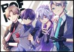  2boys absurdres blue_eyes brown_eyes brown_hair fuwa_minato green_eyes group_name highres kagami_hayato kaida_haru kenmochi_touya long_sleeves looking_at_viewer male_focus multiple_boys nijisanji noix123 one_eye_closed pink_hair purple_eyes purple_hair rof-mao smile teeth white_hair 