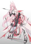  1girl animal_ears arknights arrow_(projectile) bare_shoulders black_footwear black_gloves breasts cleavage crossbow elbow_gloves fox_ears gloves hair_ornament high_heels highres holding holding_arrow holding_crossbow holding_weapon kindnessxn long_hair pink_hair pozyomka_(arknights) red_eyes solo spread_legs toeless_footwear very_long_hair weapon 