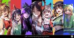  6+girls black_hair blonde_hair highres mitsugashira_enoko moriya_suwako multicolored_hair multiple_girls nippaku_zanmu purple_hair son_biten tenkajin_chiyari toramaru_shou touhou two-tone_hair yomotsu_hisami zounose 