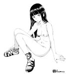  1girl absurdres arm_support blunt_bangs breasts expressionless full_body greyscale hamao high_heels highres long_hair looking_at_viewer monochrome nipples no_socks nude original sitting small_breasts solo toes 