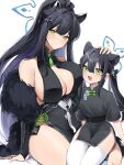  2girls absurdres animal_ear_fluff animal_ears black_fur black_hair blue_archive breasts china cleavage cleavage_cutout clothing_cutout dual_persona fur_trim green_eyes hair_ornament highres large_breasts long_hair looking_at_viewer mindoll multicolored_hair multiple_girls shun_(blue_archive) shun_(small)_(blue_archive) sidelocks thighhighs thighs two-tone_hair very_long_hair white_thighhighs 