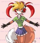  anthro bottomwear canid canine chalo clothing female fox looking_at_viewer mammal shirt skirt solo spread_arms text topwear vixy 