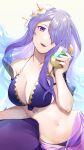  1girl absurdres bikini breasts camilla_(fire_emblem) camilla_(summer)_(fire_emblem) cleavage commentary_request cup drinking_glass fire_emblem fire_emblem_fates fire_emblem_heroes floating_hair flower hair_flower hair_ornament hair_over_one_eye highres holding holding_cup ikura_(downdexp) large_breasts long_hair navel official_alternate_costume one_eye_covered purple_bikini purple_eyes purple_hair purple_sarong sarong see-through_sarong signature smile solo stomach swimsuit teeth upper_teeth_only very_long_hair wavy_hair white_background white_flower 