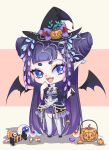  1girl :d bat_wings bell black_footwear black_sleeves blue_eyes blunt_bangs bow candy chibi cone_hair_bun double_bun eyeball fang flower food frilled_skirt frills full_body garter_straps hair_bun hair_flower hair_ornament halloween halloween_costume hands_up hat hat_bow highres holding holding_food jack-o&#039;-lantern_hat_ornament kumu_zaisheng long_hair long_sleeves looking_to_the_side okobo orange_background overskirt purple_bow purple_flower purple_hair purple_jabot purple_shorts purple_skirt shirt short_eyebrows short_shorts shorts skin_fang skirt smile solo spider_web_hair_ornament thighhighs turtleneck very_long_hair white_shirt white_thighhighs wide_sleeves wings witch_hat xiao_huaxian yellow_background yuji_(xiao_huaxian) 