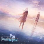  2boys bandaged_arm bandaged_hand bandages black_hair boots cloud coat eiyuu_densetsu english_commentary hajimari_no_kiseki logo long_hair multiple_boys official_art on_water outdoors rean_schwarzer scarf short_hair sky standing standing_on_liquid torn_clothes torn_scarf water white_hair wolfyinthecity 