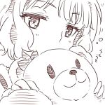  1girl child close-up commentary covering_mouth half-closed_eyes holding holding_stuffed_toy idolmaster idolmaster_million_live! kouno_tooru_(stoneandrose123) looking_at_viewer medium_hair monochrome sidelocks sketch solo stuffed_animal stuffed_toy suou_momoko teddy_bear wavy_hair white_background 