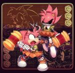  2girls 9474s0ul aged_down amy_rose english_text fang furry furry_female green_shirt hammer highres holding holding_hammer holding_weapon humanoid_robot looking_at_another metal_amy multiple_girls pink_fur robot shirt skirt sonic_(series) twitter_username weapon yellow_skirt 