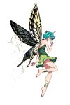  1girl antennae aqua_hair barefoot butterfly_wings dress eternity_larva fairy full_body green_dress leaf leaf_on_head profile shishi_osamu short_hair simple_background solo touhou white_background wings 