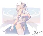  1girl breasts cleavage demon_girl demon_horns demon_wings dress duel_monster gloves grey_eyes highres horns large_breasts leotard leotard_under_clothes looking_at_viewer lovely_labrynth_of_the_silver_castle low_wings meo_(1271884559) pointy_ears signature smile solo thighhighs transparent_wings twintails white_hair wings yu-gi-oh! 