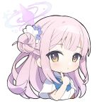  1girl blue_archive blush chibi cropped_torso dress flower gawa1517025 hair_bun halo long_hair mika_(blue_archive) parted_lips pink_hair purple_flower short_sleeves simple_background single_side_bun solo upper_body white_background white_dress yellow_eyes 