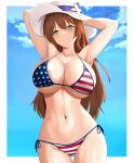  1girl alternate_costume american_flag_bikini arms_behind_head arms_up bikini blue_sky breasts brown_hair cloud collarbone cowboy_shot cyka flag_print girls&#039;_frontline green_eyes hair_between_eyes hat highres huge_breasts long_hair looking_at_viewer navel side-tie_bikini_bottom sky smile solo springfield_(girls&#039;_frontline) springfield_(stirring_mermaid)_(girls&#039;_frontline) standing sun_hat swimsuit very_long_hair white_headwear 