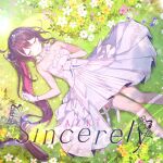  1girl album_cover azki_(5th_costume)_(hololive) azki_(hololive) black_hair blush breasts character_name choker closed_eyes closed_mouth colored_inner_hair copyright_name cover dress facing_viewer field flower flower_field frilled_choker frills gloves hand_on_own_stomach highres hololive layered_dress long_hair lying makieda medium_breasts mole mole_under_eye multicolored_hair official_alternate_hairstyle official_art on_back pink_hair second-party_source side_ponytail solo strapless strapless_dress tiara virtual_youtuber white_choker white_dress white_gloves 