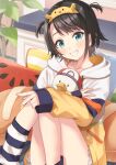  1girl blue_eyes brown_hair highres hololive jacket koto_(colorcube) looking_at_viewer multicolored_clothes multicolored_jacket nail_polish official_alternate_costume oozora_subaru oozora_subaru_(7th_costume) short_hair smile socks striped striped_socks subaru_duck two-tone_jacket two_side_up virtual_youtuber white_jacket yellow_jacket yellow_nails 