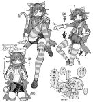  2boys ahoge animal_ears black_hair cat_boy cat_ears cat_tail cheshire_cat_(alice_in_wonderland) cheshire_cat_(alice_in_wonderland)_(cosplay) chibi cosplay crossed_legs danganronpa_(series) danganronpa_v3:_killing_harmony fangs greyscale hair_between_eyes heart highres male_focus monochrome mtcz8728 multiple_boys oma_kokichi open_clothes open_shirt otoko_no_ko saihara_shuichi short_hair short_shorts shorts sitting sketch skindentation smile standing striped striped_thighhighs tail thigh_gap thighhighs thighs tight_clothes translation_request wavy_hair white_background 