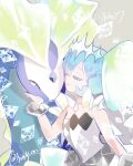  1girl aurorus bare_shoulders blue_hair bracelet closed_eyes closed_mouth commentary_request crystal dress grey_background hand_up hatsune_miku heads_together highres jewelry long_hair nanitozo petting pokemon pokemon_(creature) project_voltage rock_miku_(project_voltage) smile tiara twintails vocaloid white_dress 