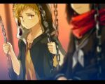  1boy 1girl black_hoodie black_sailor_collar black_serafuku blonde_hair blurry blurry_foreground brown_hair brown_shirt casual chain circle closed_mouth commentary cross-laced_clothes cross-laced_slit enpera facing_to_the_side gradient_background head_out_of_frame hood hood_up hoodie kagerou_project kano_shuuya long_sleeves looking_at_another looking_to_the_side mekakucity_actors multicolored_background neckerchief nuriko-kun orange_background outdoors own_hands_together pink_background print_hoodie red_eyes red_scarf sailor_collar scarf school_uniform serafuku shirt short_hair short_sleeves single_stripe smile solo_focus swing tateyama_ayano two-sided_hoodie upper_body white_hoodie white_neckerchief white_stripes 