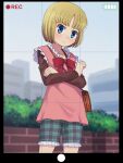  1girl bag battery_indicator binbou_shimai_monogatari black_border blonde_hair blue_eyes blurry blurry_background blush bob_cut border bow brown_bag closed_mouth collarbone commentary_request commission cowboy_shot crossed_arms dress dress_bow echigoya_ginko film_grain flat_chest frilled_dress frilled_shorts frills frown green_shorts highres long_sleeves looking_at_viewer microdress outdoors parted_bangs pink_dress plaid plaid_shorts recording red_bow short_hair shorts shoulder_bag skeb_commission sleeveless sleeveless_dress solo standing stupa13a sweatdrop viewfinder 