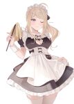  1girl ;) absurdres ahoge akamatsu_kaede alternate_costume apron black_dress black_ribbon blonde_hair cleavage_cutout clothing_cutout cowboy_shot danganronpa_(series) danganronpa_v3:_killing_harmony dated dress enmaided frilled_dress frills hand_up highres holding keke_(xfxyuio) long_hair looking_at_viewer maid neck_ribbon one_eye_closed ponytail purple_eyes ribbon smile solo thighhighs waist_apron white_thighhighs wrist_cuffs zettai_ryouiki 