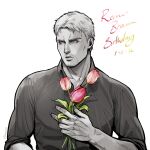  1boy bara brauniesb collared_shirt flower flower_request goatee_stubble greyscale happy_birthday highres holding holding_flower male_focus monochrome mustache_stubble pectoral_cleavage pectorals pink_flower reiner_braun shingeki_no_kyojin shirt short_hair solo spot_color toned toned_male upper_body 