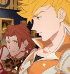  2boys armor bara blonde_hair bursting_pectorals from_side granblue_fantasy green_eyes large_pectorals looking_at_another looking_at_pectorals male_focus meme multiple_boys muscular muscular_male orange_shirt pectoral_envy_(meme) pectoral_focus pectorals percival_(granblue_fantasy) red_armor red_eyes red_hair shadow_skg shirt short_hair vane_(granblue_fantasy) 