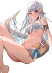  1girl :o au_ra barefoot bikini blue_eyes blunt_bangs blush breasts cleavage commentary_request commission dragon_girl dragon_horns dragon_tail final_fantasy final_fantasy_xiv flower foot_out_of_frame hair_flower hair_ornament heterochromia highres horns long_hair medium_breasts navel red_eyes scales simple_background skeb_commission solo swimsuit tail takeno_omoti warrior_of_light_(ff14) white_background white_bikini white_hair 