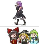  4girls ascot ass axel_in_harlem_(meme) black_dress blonde_hair blush bow dress frog_hair_ornament green_hair hair_ornament hakurei_reimu hijiri_byakuren huge_ass kasuya_baian kirisame_marisa kochiya_sanae long_hair meme multiple_girls open_mouth purple_hair red_bow shirt smile teeth touhou walking white_background white_shirt yellow_ascot yuri 