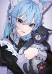  1girl animal animal_ears bell black_cat blue_bow blue_eyes blue_hair bow cat cat_ears commentary earrings hair_between_eyes highres holding holding_animal holding_cat hololive hoshimachi_suisei hoshimachi_suisei_(6th_costume) jewelry light_blue_hair looking_at_viewer maid_headdress medium_hair mirai99 multiple_earrings neck_bell pawpads shadow simple_background solo star_(symbol) star_in_eye symbol-only_commentary symbol_in_eye tongue upper_body virtual_youtuber 