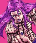  1boy black_nails diavolo green_eyes highres jojo_no_kimyou_na_bouken lipstick long_hair makeup male_focus official_style pink_background pink_hair pointing polka_dot_hair purple_hair purple_lips ruushii_(lucy_steel6969) solo vento_aureo 
