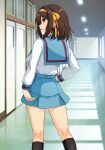  1girl black_socks blue_sailor_collar blue_skirt bob_cut breasts brown_eyes brown_hair commentary_request from_behind hair_ribbon hairband hallway hand_on_own_hip haruhisky highres indoors kita_high_school_uniform kneehighs long_sleeves looking_at_viewer looking_back medium_breasts medium_hair open_mouth ribbon sailor_collar school_uniform serafuku shadow skirt socks solo suzumiya_haruhi suzumiya_haruhi_no_yuuutsu winter_uniform yellow_hairband yellow_ribbon 