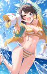  1girl bikini bird black_hair blue_eyes blue_jacket blue_sky breasts cleavage cloud day drawstring duck highres hololive horizon jacket medium_breasts morros oozora_subaru open_clothes open_jacket outdoors short_hair sky smile solo splashing striped striped_bikini swept_bangs swimsuit virtual_youtuber water water_gun yellow_bikini 