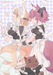  2girls alternate_costume animal_ear_fluff animal_ears apron arknights back_bow black_dress black_ribbon blonde_hair bow braid braided_hair_rings cake cake_slice character_name chinese_commentary closed_mouth commentary_request dress enmaided food food-themed_background fox_ears fox_girl fox_tail frilled_apron frills green_eyes hair_ribbon hair_rings kitsune kyuubi maid maid_apron morte_(arknights) multicolored_hair multiple_girls multiple_tails parted_lips pink_eyes pink_hair puffy_short_sleeves puffy_sleeves red_medicine ribbon shamare_(arknights) short_hair short_sleeves stuffed_wolf suzuran_(arknights) tail twintails two-tone_hair white_apron white_hair wrist_cuffs 